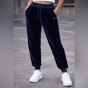 Y2K Unisex Navy Velvet Jogger Pants | Back Logo | Size S